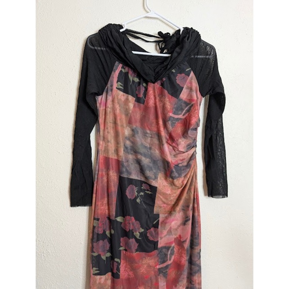 Y2K Grunge Floral Patchwork Mesh Maxi Dress Long Sleeve XL Goth Black Sheer - Picture 3 of 5